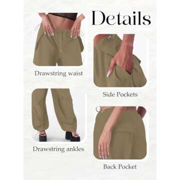 ONIRIKE Womens Parachute Pants Drawstring Elastic Low Waist Sweatpants Loose Baggy Y2K Cargo Pants Trousers with Pockets Brown
