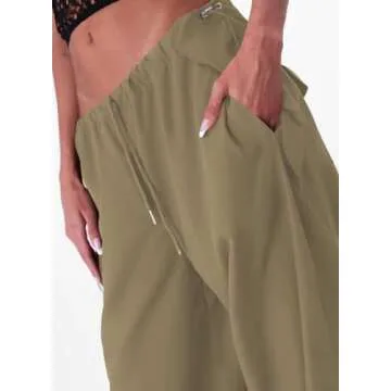 ONIRIKE Womens Parachute Pants Drawstring Elastic Low Waist Sweatpants Loose Baggy Y2K Cargo Pants Trousers with Pockets Brown
