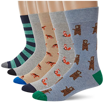 Amazon Essentials Men's Comfortable Patterned Dress Socks, 5 Pairs, Animal, One Size