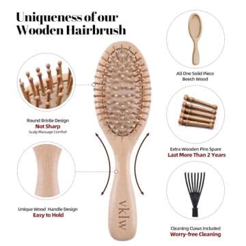 vklw Wooden Hair Brush and Comb, One-piece Design, Reduce Frizz and Static, Massage Scalp, Detanglin...