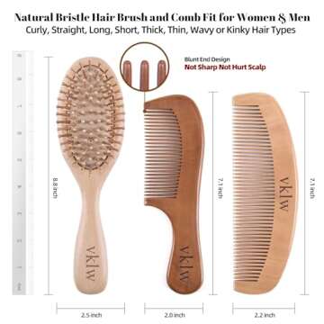vklw Wooden Hair Brush and Comb, One-piece Design, Reduce Frizz and Static, Massage Scalp, Detangling Paddle Hairbrush for Women, Girls, Kids, Includes Cleaning Claw, 5 Wood Bristles