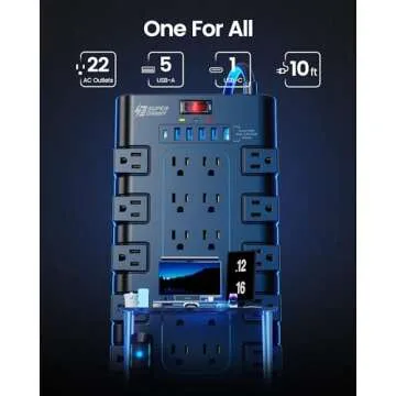 Extension Cord 10 Ft, SUPERDANNY Power Strip Surge Protector with 6 USB Charging Ports and 22 AC Outlets, 1875W/15A, 2100 Joules, Flat Plug Power Outlet for Home, Office, Dorm, Gaming Room, Black