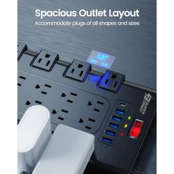 Extension Cord 10 Ft, SUPERDANNY Power Strip Surge Protector with 6 USB Charging Ports and 22 AC Outlets, 1875W/15A, 2100 Joules, Flat Plug Power Outlet for Home, Office, Dorm, Gaming Room, Black