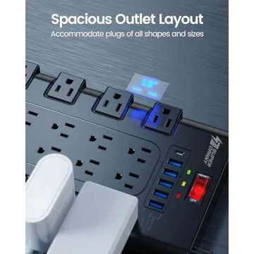 Extension Cord 10 Ft, SUPERDANNY Power Strip Surge Protector with 6 USB Charging Ports and 22 AC Outlets, 1875W/15A, 2100 Joules, Flat Plug Power Outlet for Home, Office, Dorm, Gaming Room, Black
