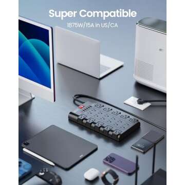 Extension Cord 10 Ft, SUPERDANNY Power Strip Surge Protector with 6 USB Charging Ports and 22 AC Outlets, 1875W/15A, 2100 Joules, Flat Plug Power Outlet for Home, Office, Dorm, Gaming Room, Black