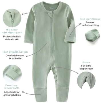 O2 BABY Organic Cotton Baby Footless Pajamas, Zip Front Baby Boys Girls Romper, Long Sleeve Sleep and Play (18-24 Months, Desert Sage)