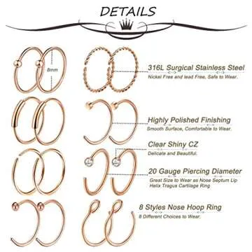 Masedy 16Pcs 20G 316L Stainless Steel Nose Rings Hoop Tragus Cartilage Helix Ring Lip Septum Piercing Rose Gold 10MM