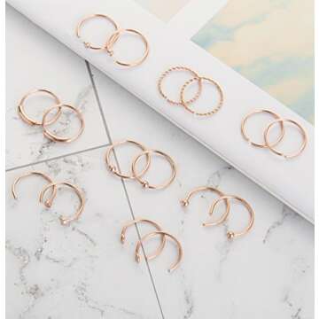 Masedy 16Pcs 20G 316L Stainless Steel Nose Rings Hoop Tragus Cartilage Helix Ring Lip Septum Piercing Rose Gold 10MM