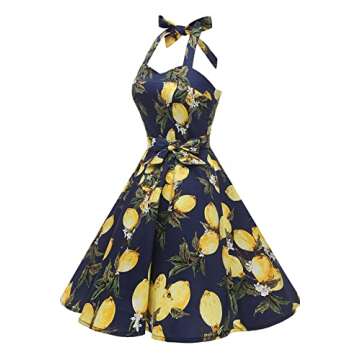 Topdress Women's Vintage Polka Audrey Dress 1950s Halter Retro Cocktail Dress Lemon XL