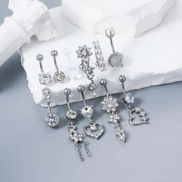 Vsnnsns Belly Button Ring Dangle Belly Rings 14G Stainless Surgical Steel Reverse Belly Button Pierc...