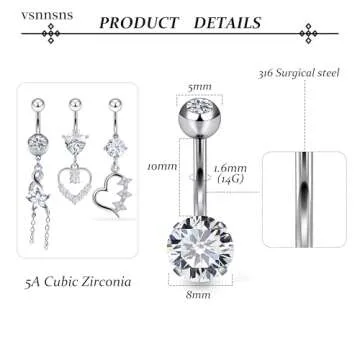 Vsnnsns Belly Button Ring Dangle Belly Rings 14G Stainless Surgical Steel Reverse Belly Button Piercing Heart CZ Flower Belly Rings Dangling Belly Button Ring Navel Piercing Jewelry for Women Silver