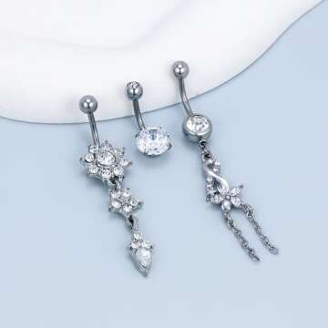 Vsnnsns Belly Button Ring Dangle Belly Rings 14G Stainless Surgical Steel Reverse Belly Button Piercing Heart CZ Flower Belly Rings Dangling Belly Button Ring Navel Piercing Jewelry for Women Silver