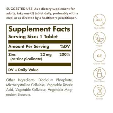 Solgar Zinc Picolinate 22 mg, 100 Tablets - Immune & Skin Health - Vegan, Gluten Free, Kosher