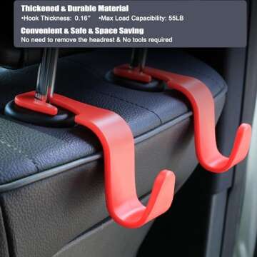 Amooca Car Seat Headrest Hook 4 Pack Hanger Storage Organizer Universal for Handbag Purse Coat Universal fit Vehicle Car S Type Red
