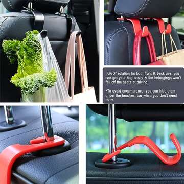 Amooca Car Seat Headrest Hook 4 Pack Hanger Storage Organizer Universal for Handbag Purse Coat Universal fit Vehicle Car S Type Red