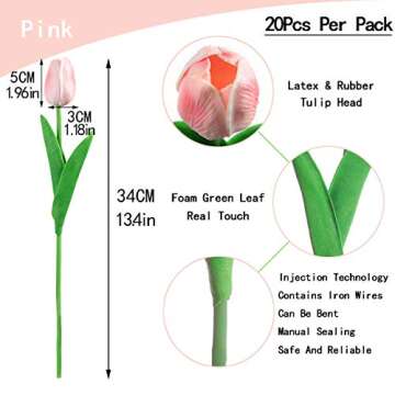 Cloudecor 20Pcs Artificial Tulips Fake Tulip Real Touch Latex Flowers for Wedding Party Home Office Decor (Pink - 20p)