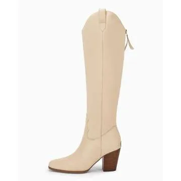 Women Cowboy Knee High Boots Suede Chunky Block Heel Square Toe Tall Riding Boots