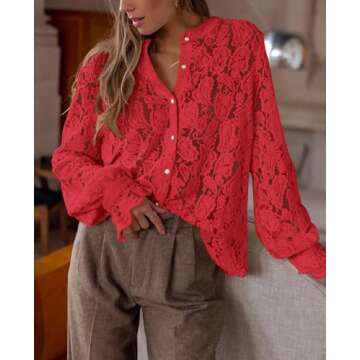 PRETTYGARDEN Women's Dressy Casual Lace Blouse Long Sleeve Button Up Shirts Tops Fall Fashion Clothes (Red,Large)