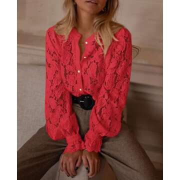 PRETTYGARDEN Women's Dressy Casual Lace Blouse Long Sleeve Button Up Shirts Tops Fall Fashion Clothes (Red,Large)