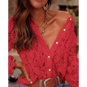 PRETTYGARDEN Women's Dressy Casual Lace Blouse Long Sleeve Button Up Shirts Tops Fall Fashion Clothes (Red,Large)