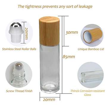 6Pcs 10ml Glass Roll On Bottle with Bamboo Lid for Essential Oils, Creatiee Eco-friendly Refillable ...