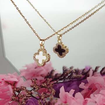 SHINYY 2 Side Crystal Clover Necklace for Women 18K Gold Plated Stainless Steel Four Leaf Lucky Pendant Black & White Cubic Zirconia Jewelry for Mother and Daughter (Gold)