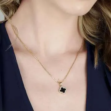 SHINYY 2 Side Crystal Clover Necklace for Women 18K Gold Plated Stainless Steel Four Leaf Lucky Pendant Black & White Cubic Zirconia Jewelry for Mother and Daughter (Gold)