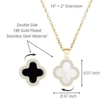 SHINYY 2 Side Crystal Clover Necklace for Women 18K Gold Plated Stainless Steel Four Leaf Lucky Pendant Black & White Cubic Zirconia Jewelry for Mother and Daughter (Gold)