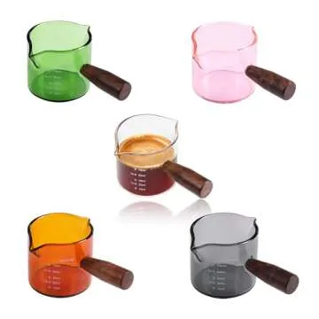 Set of 2 Handmade Espresso Shot Glass Double Spouts 3.5oz with American Walnut Handle, 2packs Espresso Measuring Cup, Double Spout Glass Measuring Cup, Milk Frothing Pitcher