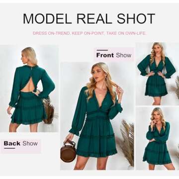 Dokotoo Womens Cute Summer Spring Casual Sexy Deep V Neck Ruffle Chiffon Lantern Long Sleeve Elegant Boho Hawaiian Flowy Mini Short Skirt Dresses for Women Party Party 2024 Green Small