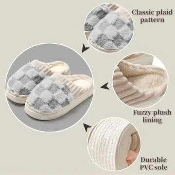 VTTDB Checkered Slipper House Slippers for Women Men Plush Warm Fuzzy Slippers Flyffy Bedroom Shoes Indoor Slip On (9.5-10 Women/8-9 Men,Grey,Numeric Range,Medium,9.5,10)