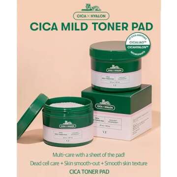 VT COSMETICS Cica Mild Toner Pad (60 Pads), Facial Toner Pads for Daily Use - Exfoliating, Hydrating, Soothing, pH Balancing Toner with BHA, Centella Asiatica Extract, Hyaluronic Acids