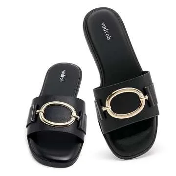 vodvob Women's Flat Sandals Fashion Square Open Toe Metal Chain Summer Dressy Sandals Slip On Casual...