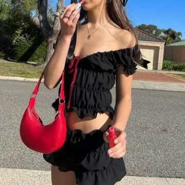 Mxiqqpltky 2 Piece Skirt Sets for Women Ruffle Short Sleeve Tie Up Crop Top & Elastic Waist Pleated ...