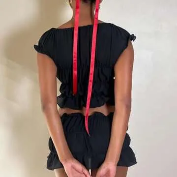 Mxiqqpltky 2 Piece Skirt Sets for Women Ruffle Short Sleeve Tie Up Crop Top & Elastic Waist Pleated Mini Skirt Set Y2K Outfit (Black, S)