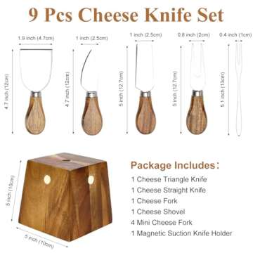 9 Pack Cheese Knives Set with Acacia Wood Holder
