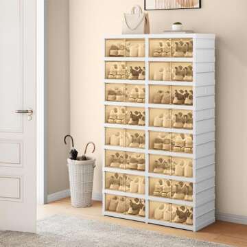 YITAHOME 8 Tiers-32 Pairs Easy Assembly Shoe Rack with Magnetic Doors, Foldable Shoe Storage Boxes for Closet, Collapsible Shoe Cabinet Sneaker Organizer for Entryway, Living Room, Closet (White)