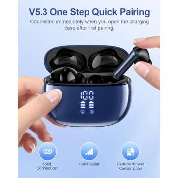 HUIFU Ear Buds Wireless Earbuds - Bluetooth Headphones 40H Playtime LED Display Deep Bass Stereo in-Ear Earphones with IPX7 Waterproof, Navy Blue