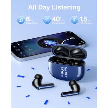 HUIFU Ear Buds Wireless Earbuds - Bluetooth Headphones 40H Playtime LED Display Deep Bass Stereo in-Ear Earphones with IPX7 Waterproof, Navy Blue