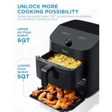 Midea Dual Basket Air Fryer Oven 11 Quart 8 in 1 Functions, Clear Window, Smart Sync Finish, Works with Alexa, Wi-Fi Connectivity, 50+ App Recipes for family meals, Bake, Roast, Grill, Broil, Toast