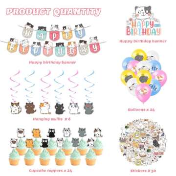 Zhanmai 106 Pcs Cat Theme Birthday Party Supplies Include Cute Happy Birthday Banner, Hanging Swirls, Cake Topper, Cupcake Toppers, Balloons and Stickers for Kids Children Cat Theme Party Decorations