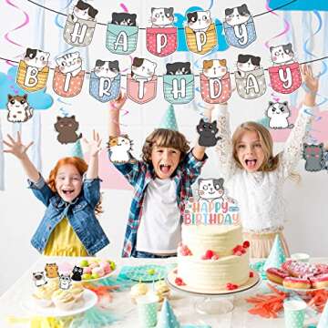 Zhanmai 106 Pcs Cat Theme Birthday Party Supplies Include Cute Happy Birthday Banner, Hanging Swirls, Cake Topper, Cupcake Toppers, Balloons and Stickers for Kids Children Cat Theme Party Decorations