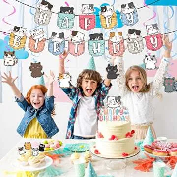 Zhanmai 106 Pcs Cat Theme Birthday Party Supplies Include Cute Happy Birthday Banner, Hanging Swirls, Cake Topper, Cupcake Toppers, Balloons and Stickers for Kids Children Cat Theme Party Decorations