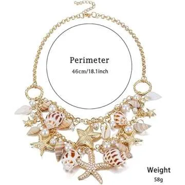 Halawly Shell Necklace Choker Mermaid Tail Necklace - Fashion Sea Shell Starfish Faux Pearl Collar Bib Statement Chunky Necklace Pendant (Necklace)