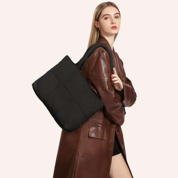 Restro Puffer Tote Bag for Women, Large Quilted Puffy Handbag Lightweight, Shoulder Handbag With Compartments for Work Travel Gym Shop, Puffy Padding Satchel With Zipper (Black)