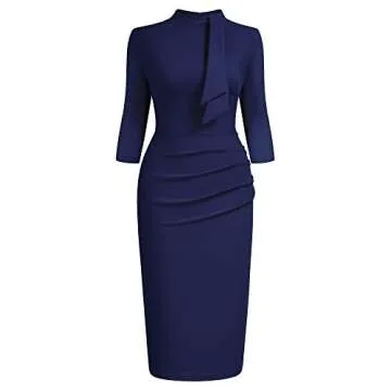 Miusol Women's Retro Half Collar Ruffle 2/3 Sleeve Cocktail Pencil Dress(Small, Navy Blue)