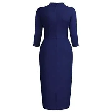 Miusol Women's Retro Half Collar Ruffle 2/3 Sleeve Cocktail Pencil Dress(Small, Navy Blue)