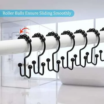 Shower Curtain Rings, OEH Shower Curtain Hooks, Rust-Resistant Metal Black Shower Curtain Rings, Double Shower Curtain Hooks for Bathroom Shower Curtain & Shower Liner, Set of 12, Black