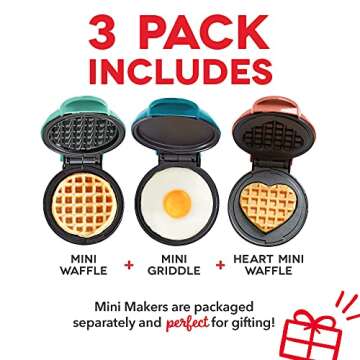 DASH Mini Maker 3-Pack Gift Set, Mini Waffle Maker + Mini Heart-Shaped Waffle Maker + Mini Maker Griddle