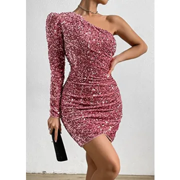 Feditch One Shoulder Sequin Dress for Parties and Club